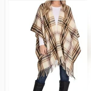 Woolrich Western Open Front Poncho Plaid Shawl Blanket Wrap Lagenlook Cape OS